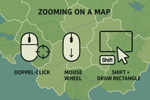 how to zoom on the map: double click, mousewheel, draw rectangle