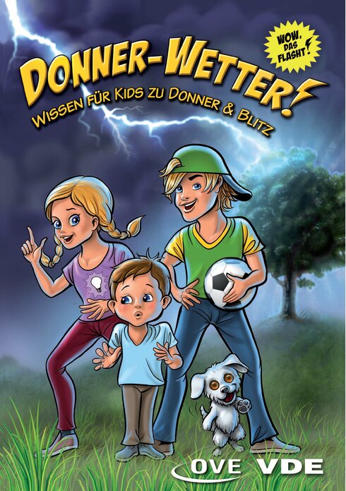 Comicartige Darstellung von drei Jugendlichen im Freien mit Blitzen im Hintergrund.