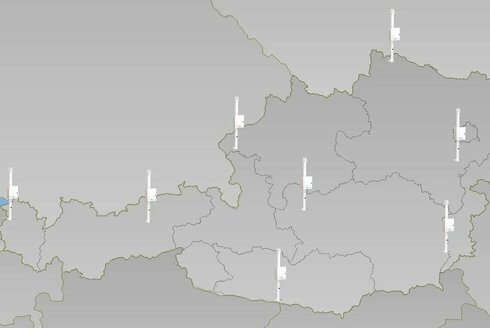 landkarte von österreich mit eingezeichneten Blitzsensor Standorten in Hitzging, Schwaz, Hohemems, Niederöblarn, Nötsch, Fürstenfeld, Bad Vöslau und Dobersberg